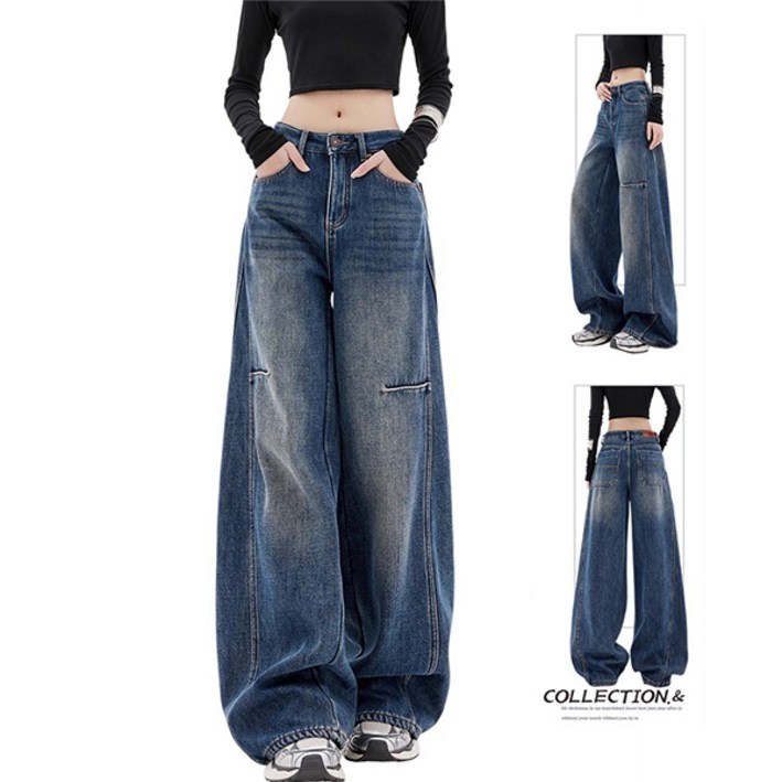 비비디아 법륜 와이드 데님팬츠 사이드 핀턱 절개 옆라인 군살 커버 청바지(S~4XL) 5528