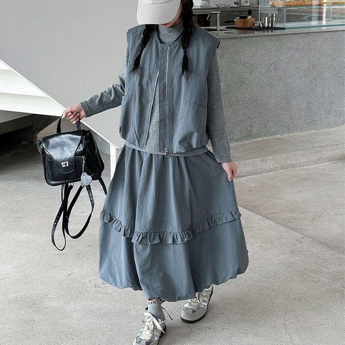 UPPERCUT 여아 지퍼 조끼 롱스커트 세트 주니어 벌룬핏 베스트 스커트 상하복 셋업 투피스 치마세트