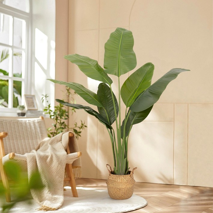 GAPINO 여인초 인테리어 조화 나무 조화화분 인조나무 대형 극락조 라탄화분 세트