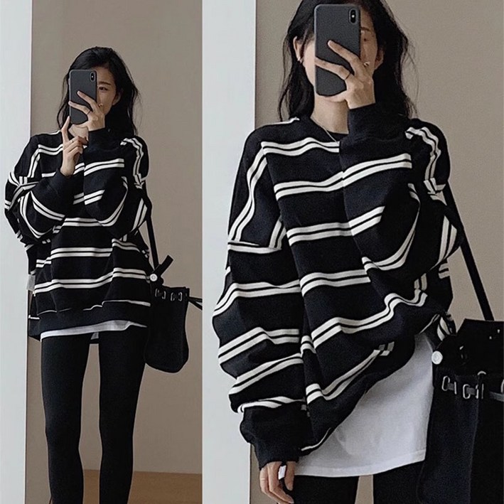 SAHINER 여성 춘추 스트라이프 루즈핏 맨투맨 심플 AWY19