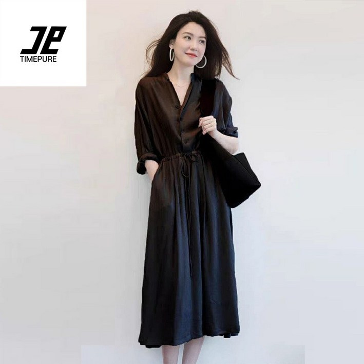 봄 가을 모던 원피스 여 고급 허리 조임 루즈핏 날씬해 보이는 기질 린넨 스커트 개량 일상복 나들이룩 긴발 원피스