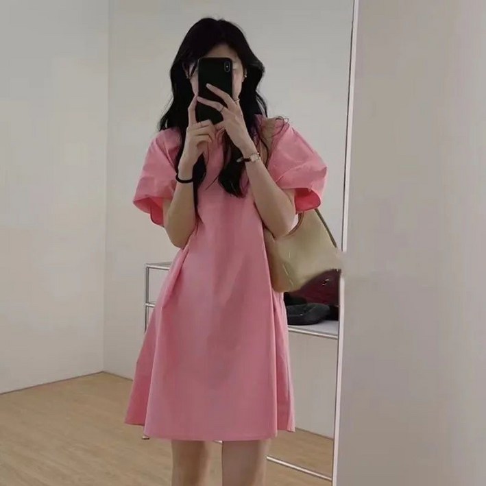 유니픽여성 여름 루즈핏 브라운 반팔 퍼프소매 A라인 원피스ddn