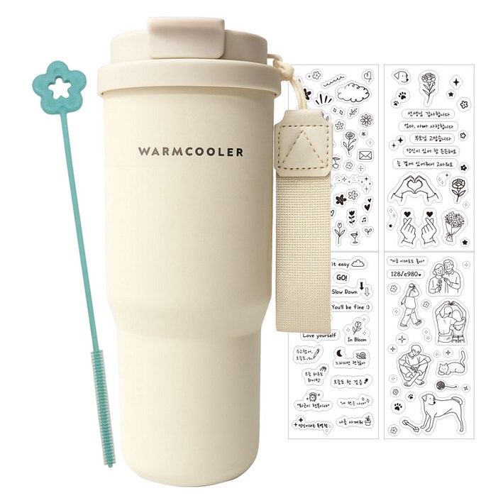 웜쿨러 스트랩 빨대 티보틀 차망 텀블러, 1개, 750ml, 크림