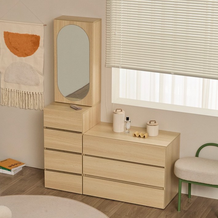 파로마 로우B 라운드 거울 틈새수납 입식화장대 400 수납장 세트, 오크