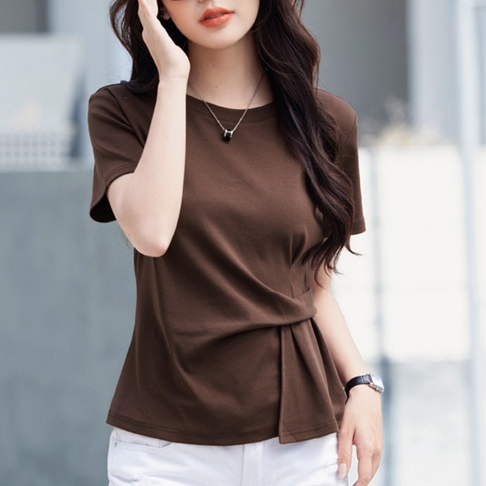 이매력 여성스러운 반팔 티셔츠 혼면 라운드넥 셔링포인트 심플 혼면 반팔티셔츠 YL52039