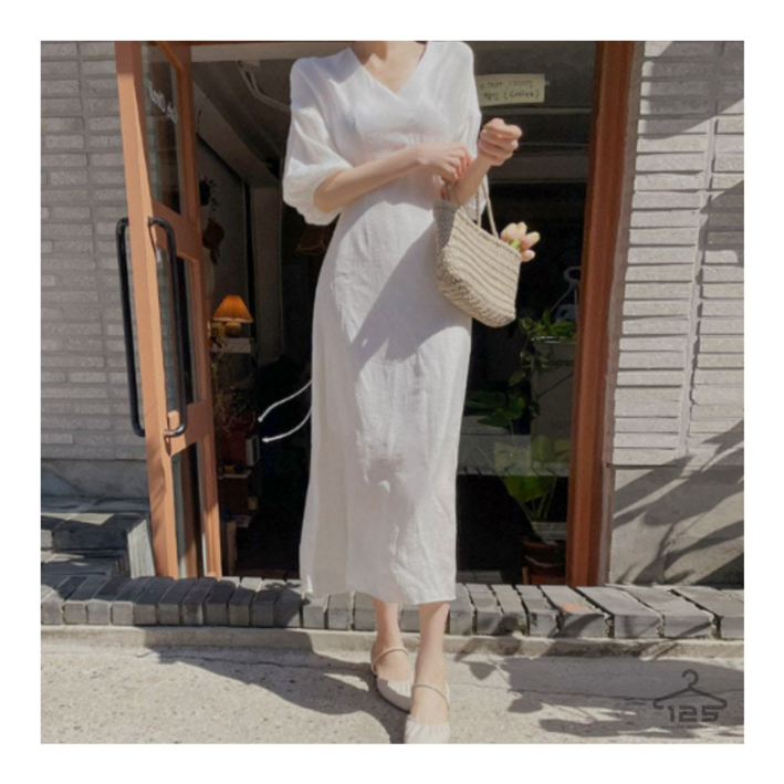 바이일이오 여성 브이넥 링클 플리츠 퍼프 벌룬 허리 스트랩 여름 롱 원피스 바이일이오 여성 브이넥 링클 플리츠 퍼프 벌룬 허리 스트랩 여름 롱 원피스