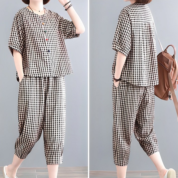 쉬블림로브 신상 체크 7부 캐주얼 상+하의 세트 안드리 GW1780