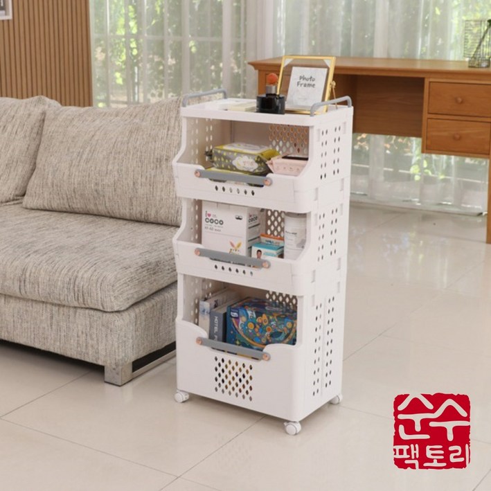 순수팩토리 트롤리 4단 이동식 카트 수납선반 단일상품 묶음세트구성 선반3단 상판선반1개