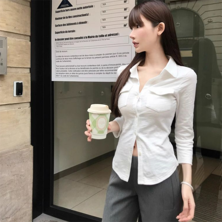 피어니스트 여성용 슬림 포켓 카라 긴팔 셔츠