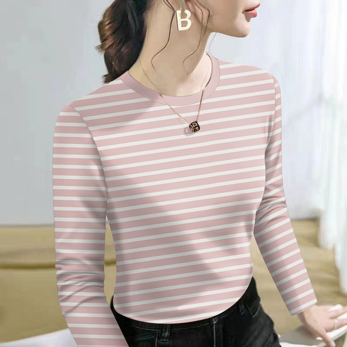 디멜디 여성용 배색 라운드넥 이너 스트라이프 긴팔 티셔츠