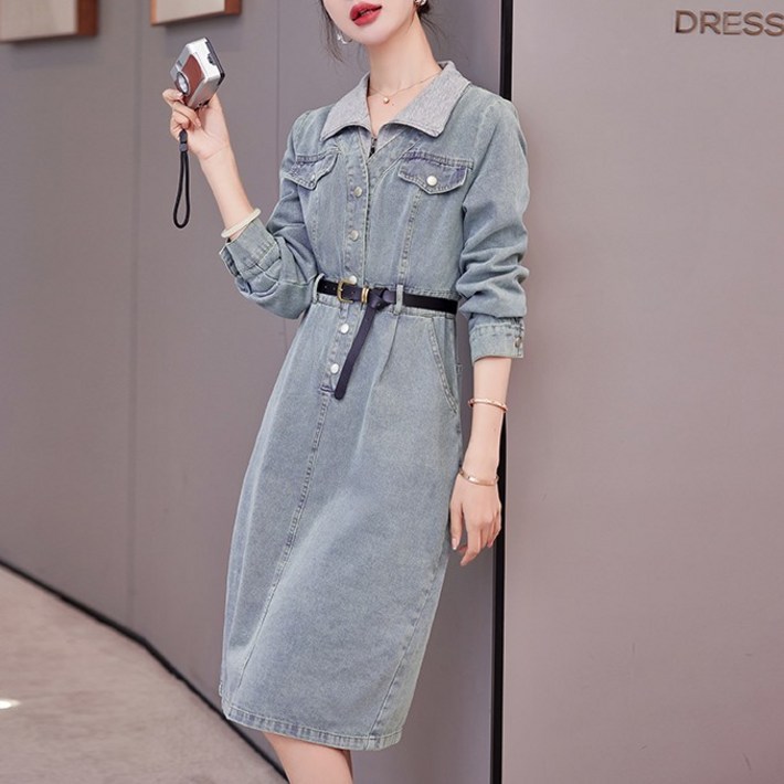 ELLESIAN 사계절 어반 엘레강스 벨트 데님 원피스