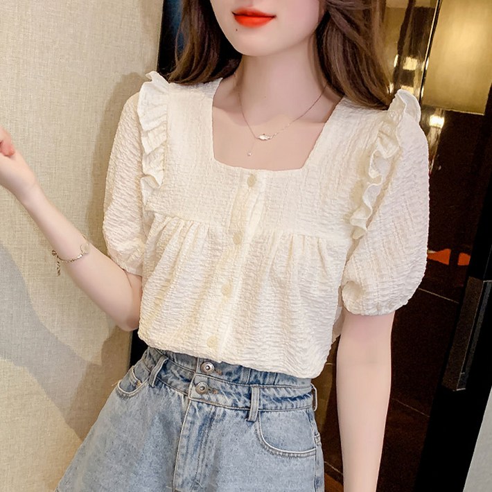 Ethel 여성용 여름 반팔 셔링 블라우스 스퀘어넥 Ethel 여성용 여름 반팔 셔링 블라우스 스퀘어넥