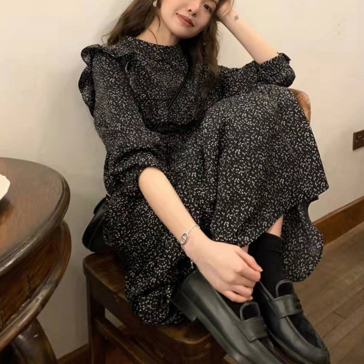 COSYEVNO 봄가을 빈티지 긴팔 플라워 원피스 날씬해 보이는 롱스커트