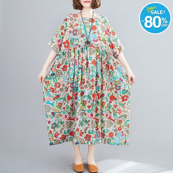 퀸앤조이 미녀77 플라워버드 오버핏 린넨 반팔 롱원피스