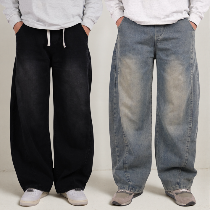 남성 빈티지 워싱 청바지 커브드 컷 빅사이즈 와이드 청바지