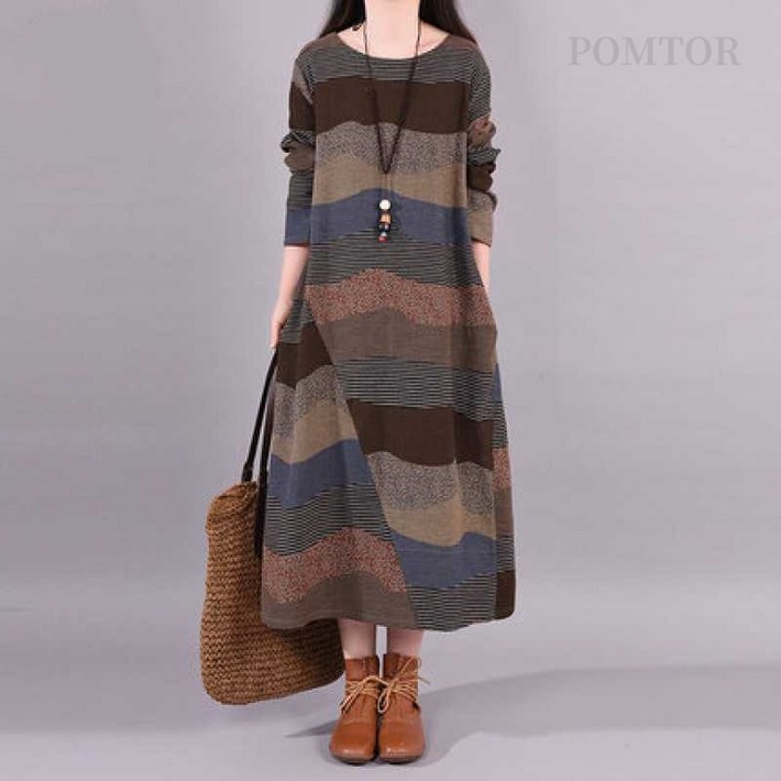 POMTOR 여성 봄 가을 라운드 루즈핏 빅사이즈 패션 편한 롱 원피스