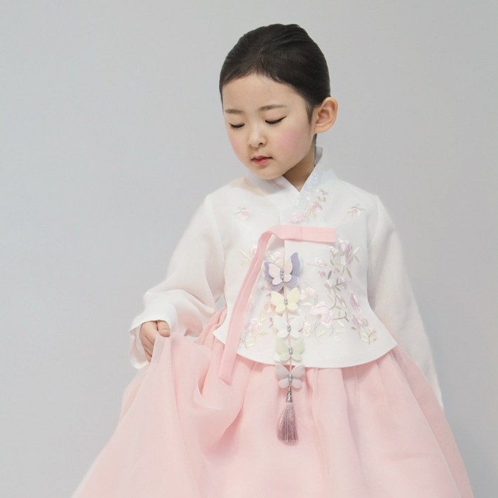 연핑크여아한복 꽃자수당의 분홍치마 명절 남매 키즈한복