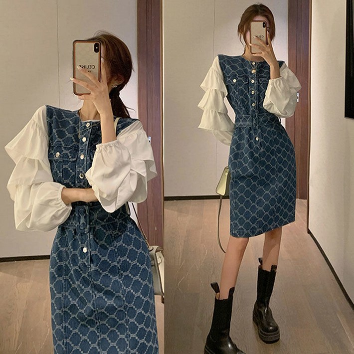 미중 여성 뉴 원피스 민소매 패션 명원 데님 허리 조임 날씬 단추 포켓 yy