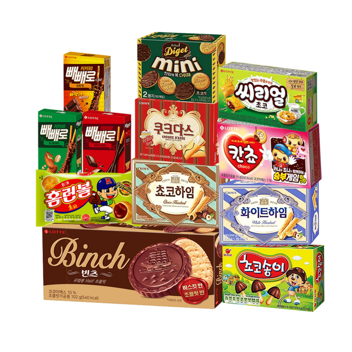 곽과자12종세트빼빼로3종홈런볼빈츠다이제미니쿠크다스쵸코하임화이트하임씨리얼칸쵸초코송이, 빼빼로홈런볼빈츠다이제미니쿠크다스쵸코하임화이트하임씨리얼칸쵸초코송이, 1개