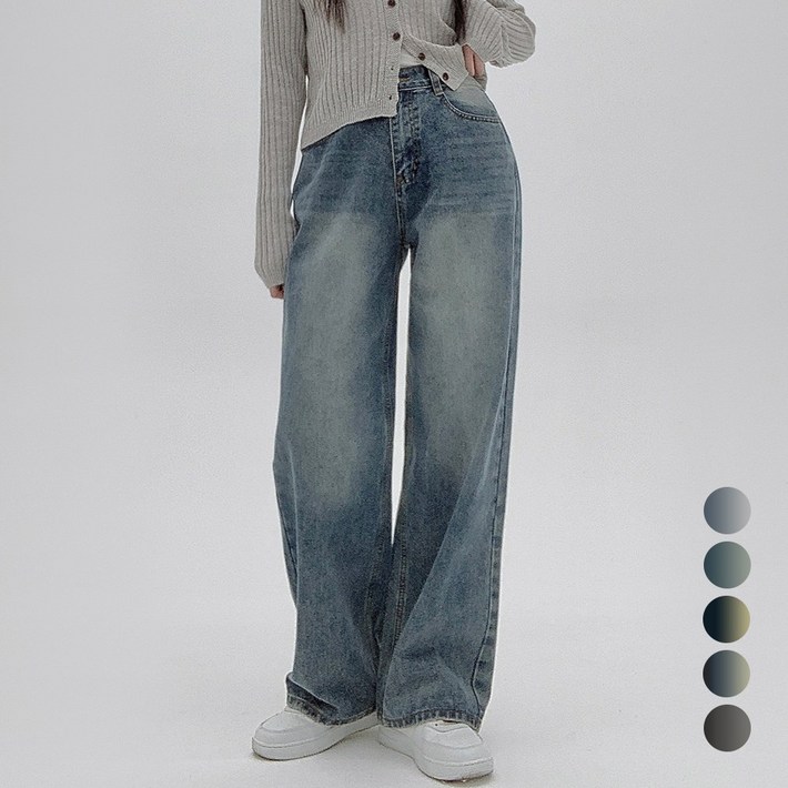 코모도 여성 와이드 청바지 뒷밴딩 롱 데님 팬츠  3단기장