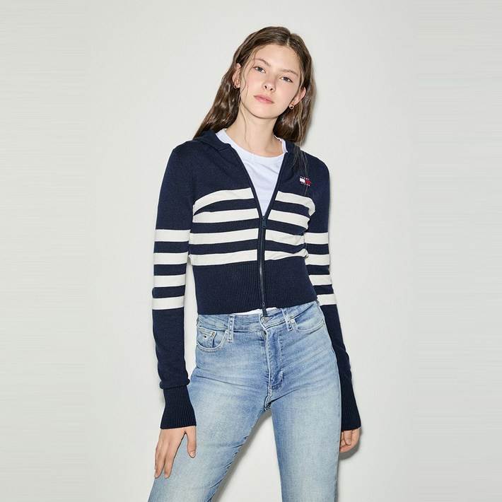 타미힐피거 스트라이프 배지 후드 집업 T32E6KCD16TWT1C1G