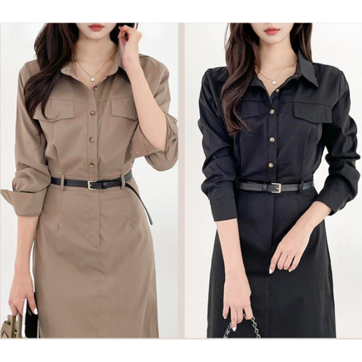 2 color 여성 셔츠 롱 원피스 벨트 포인트 하객룩 결혼식룩 포켓 카라 데이트룩