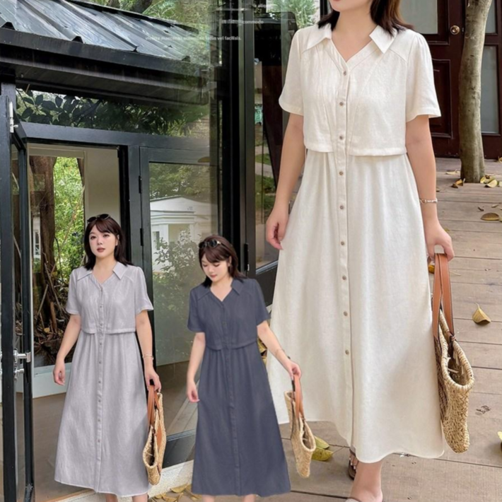 마샹스 빅사이즈120kg가능 면마 셔츠형 롱 원피스 여름 반팔 루즈핏 데일리룩