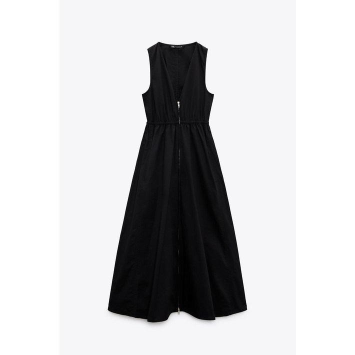 자라 원피스 ZARA 여성 포플린 브이넥 미디 지퍼