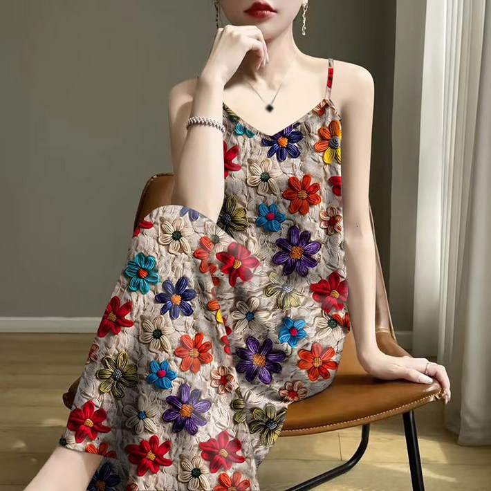 ROYALBELLE 여성 패션 플라워 프린트 슬리브리스 롱 나시 원피스 N0051903