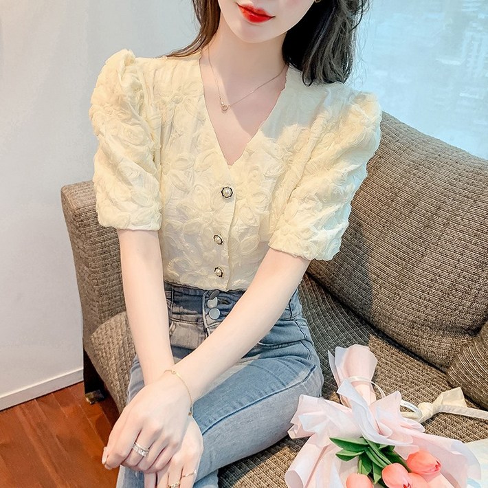 Ogfaour 여성 여름 브이넥 쉬폰 반팔 셔츠