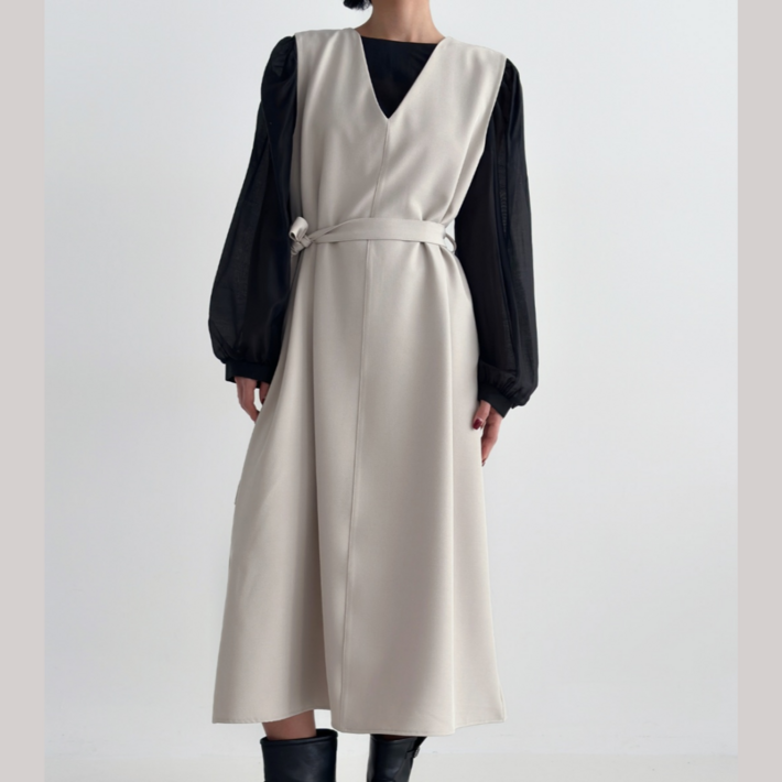 LionHu 국내제작 브이넥 레이어드 롱원피스 하객룩 뷔스티에 긴치마 벨트세트  LH2017