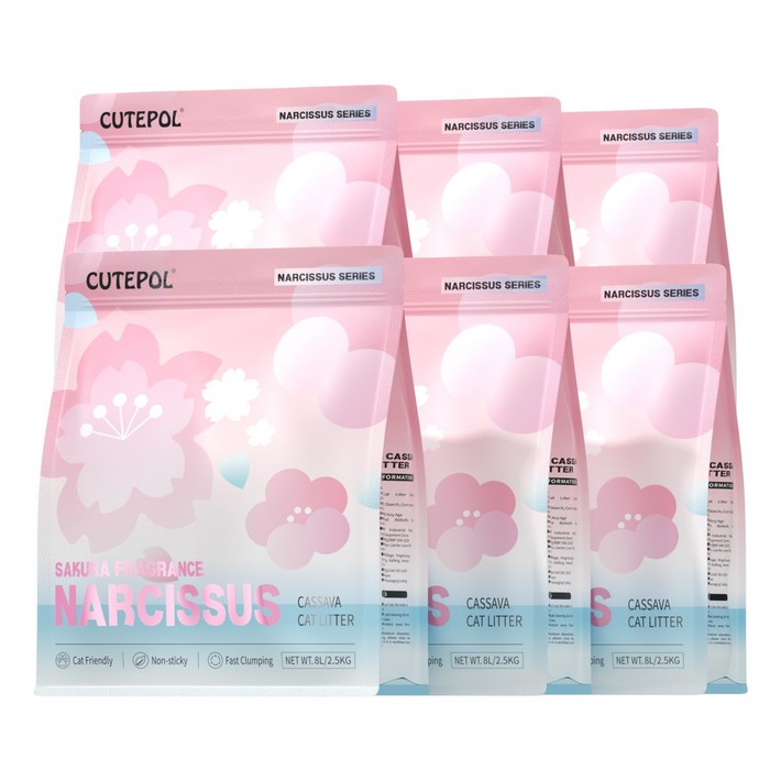 CUTEPOL 카사바 모래 캣 리터 먼지없는 응고형 고양이모래 극세입자, 2.5kg, 6개, 벚꽃 향
