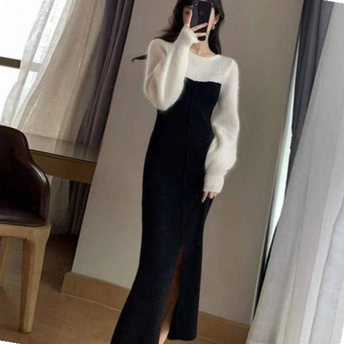 블링앤수 여성 앞트임 머메이드 배색 롱 앙고라 원피스 KZZ375 블랙 678000EA
