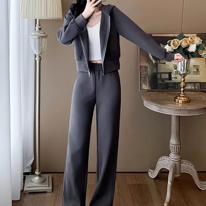 TIMEPURE 여성용 봄가을 프리미엄 슬림핏 팬츠 세트 후드집업 와이드 팬츠 스포츠 투피스 상하의 세트 빅사이즈 데일리