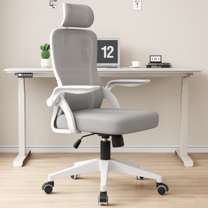 티야드 자세교정 공부 사무용 의자 허리받침 컴퓨터 메쉬 사무실의자, 화이트그레이