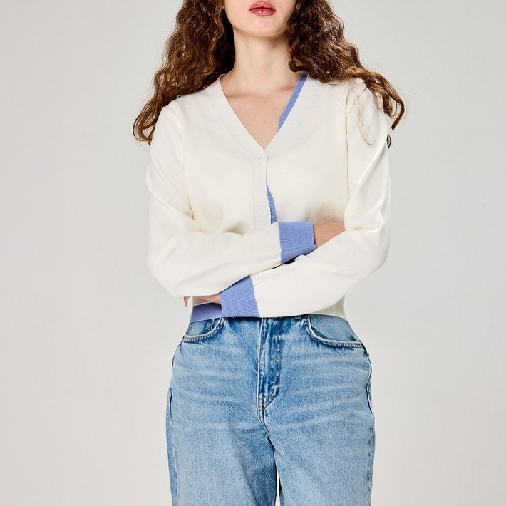 여성 봄 가을 배색 니트 오버핏 예쁜 가디건 아이보리, FREEOne size