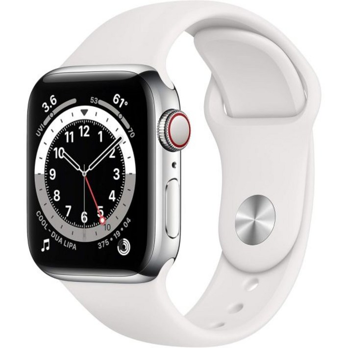 Apple Watch 시리즈 6(GPS + 셀룰러, 40mm) - 흰색 스포츠 밴드가 있는 실버 스테인리스 스틸 케이스(갱신)