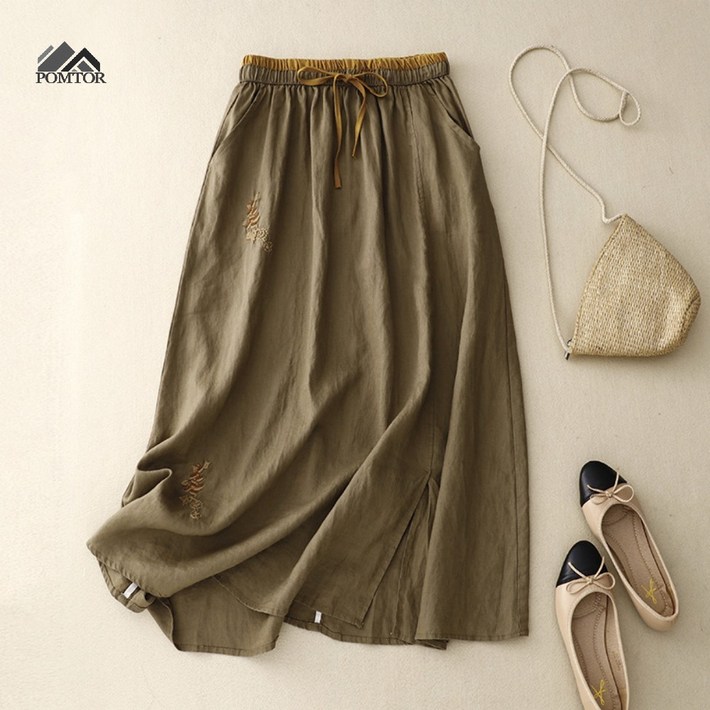 POMTOR 여성 린넨 스타일 자수 롱스커트 밴딩 허리 치마 A라인 스커트