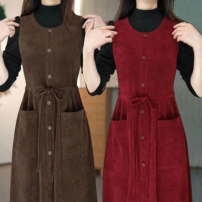 간절기 민소매 날씬해 민소매 원피스 부드럽고 패션 시크 허리 스트링 멜빵원피스