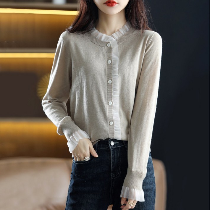 스타일아유 부드러운 캐시미어 울 버튼 프릴 니트 가디건 오피스룩 데이트룩 가을 겨울 봄