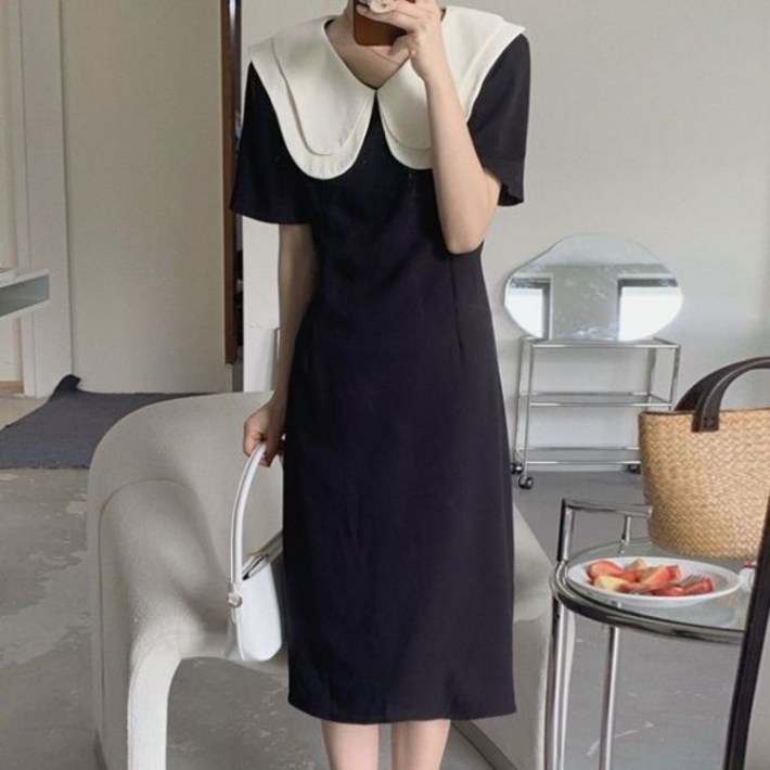 쉬폰 러블리 원피스 빈티지 부드러운 의 더블 레이어 인형 칼라 허리라인 슬리밍 퍼프 슬리브 드레스 여성 긴