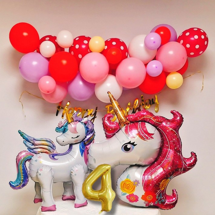 스마일파티 유니콘 무지개 생일 파티 풍선 세트, 4세