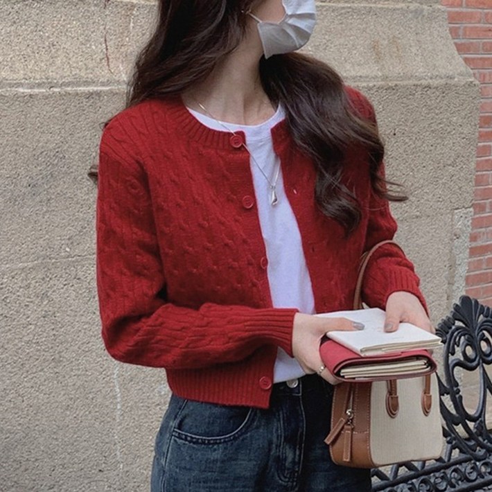 cammello 코지 라운드넥 꽈배기 세미크롭 긴팔 니트 가디건 간절기 아우터