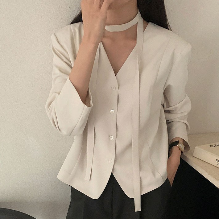 당일출고 비침X어깨퍼프허리잘룩하객룩고퀄 타이 브이넥 긴팔 블라우스리본소프트 스카프 결혼식하객룩 스트랩 크롭정장출근룩 블레이저 벚꽃룩봄못 청순빅사이즈 셔링벨트쉬폰