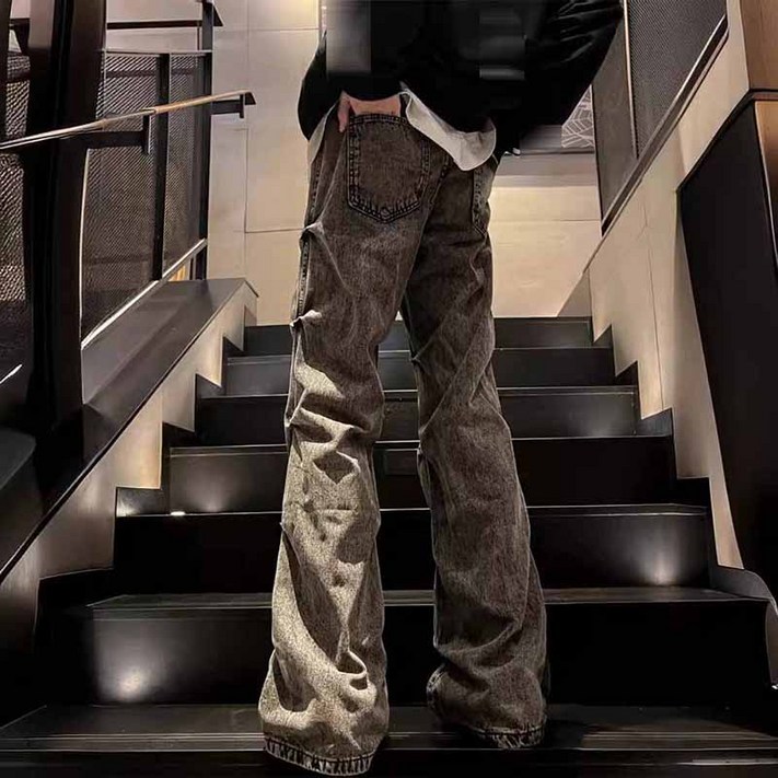 AOKADA 남성 플리츠 와이드 데님 팬츠 워싱 빈티지 통 청바지