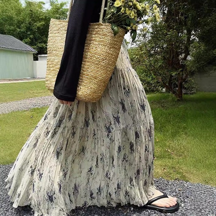 AOKADA 플레어 캉캉 롱 스커트 셔링 A라인 플라워 치마