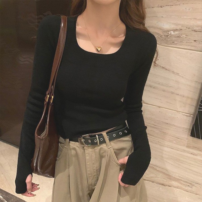 cammello 스퀘어넥 핸드워머 심플 니트 긴팔 니트티 cammello 스퀘어넥 핸드워머 심플 니트 긴팔 니트티
