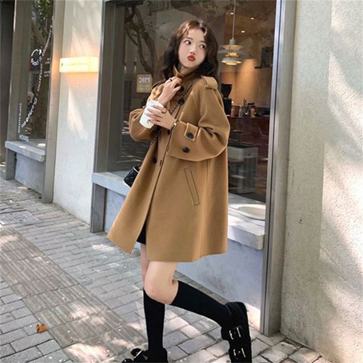 AOKADA 여성 가을 겨울 오버핏 모직 하프 케이프 코트