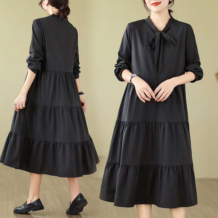 POMTOR 여성 봄 가을 심플 캐주얼 간절기 루즈핏 빅사이즈  긴팔 롱 원피스