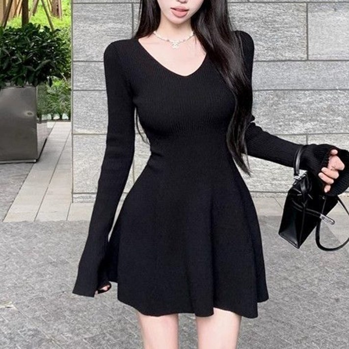 cammello 브이넥 슬림핏 골지 플레어 미니원피스 긴팔 A라인 드레스 하객룩